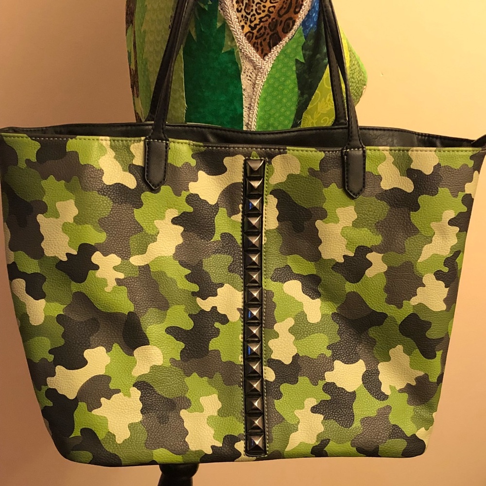 Studded Camo Print Began Leather Tote